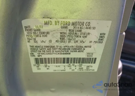 2012 Ford Escape Xlt from USA, damaged, VIN 1FMCU0D71CKB44668
